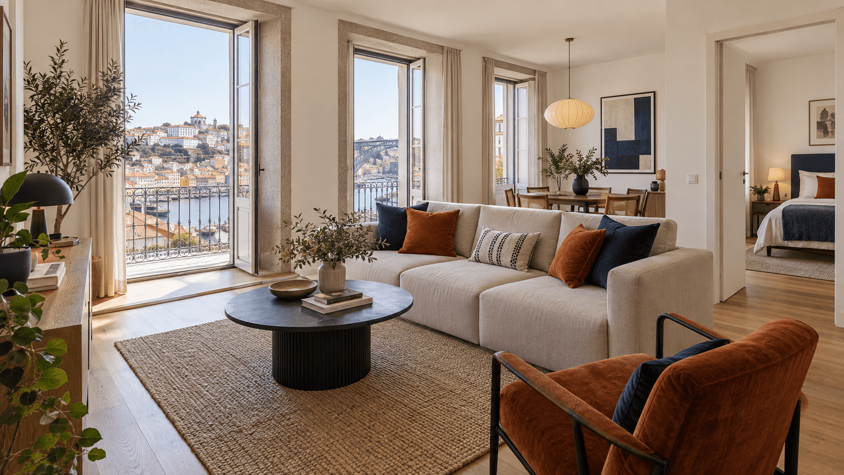 Sala luminosa de um apartamento fictício no Porto